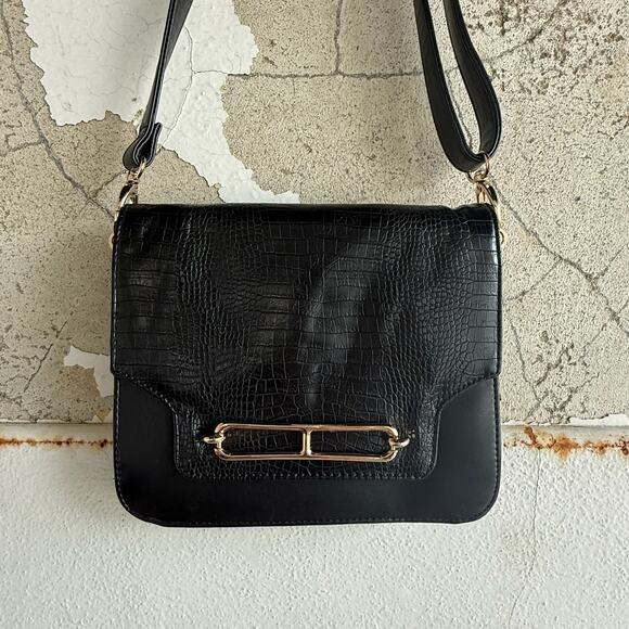 Black Faux Croc Embossed Crossbody Bag Gold Hardware Floral Lining Charles David - Picture 3 of 10